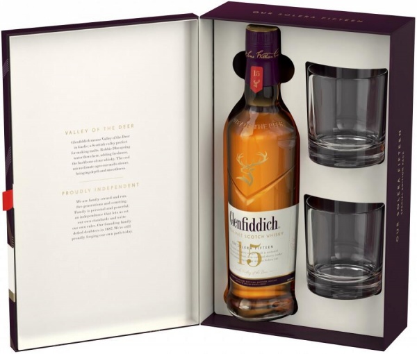 Glenfiddich 15 YO, в подарочной коробке + 2 стакана – Гленфиддик 15-летний, + 2 стакана